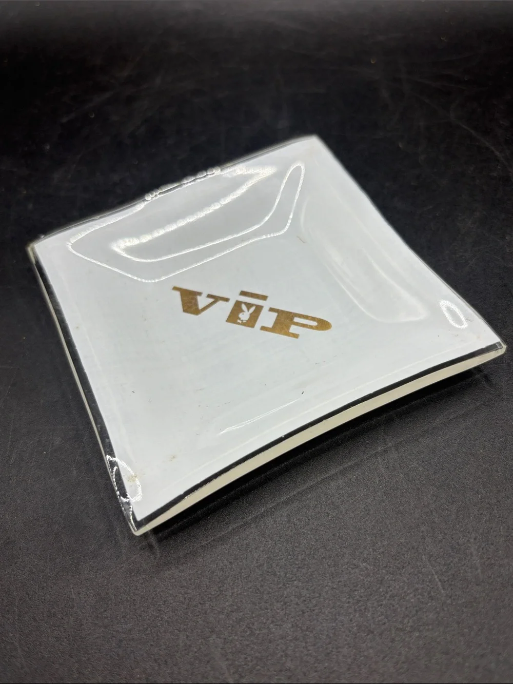 Vintage Playboy Bunny Club VIP Tip Tray Trinket Dish White Gold Glass Home Decor